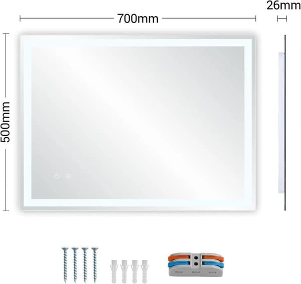 LED Badrumsspegel, Anti-Beslag med Tidsvisning, Dimbar Bakgrundsbelysning 3000K-6000K,Tly Fyrkant 70x50cm