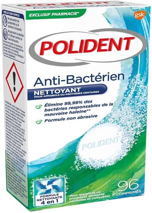 Polident - Antibakteriellt rengöringsmedel - För partiella eller kompletta proteser - Format: 1x96 tabletter