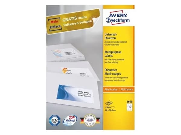Avery Zweckform Universal Labels, White 70x50.8mm 100 sheets (3669)