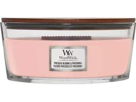 WoodWick Pressed Blooms & Patchouli, Ellipsi, Vaaleanpunainen, Neilikka, Seetripuu, Juniper, Moss, Oranssinkukka, Patsuli, Tuberoosa, Vetiver, 1 kpl