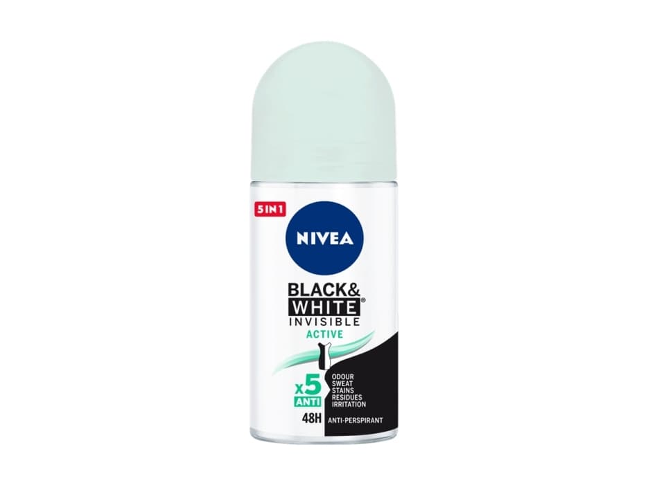 NIVEA Black & White Invisible Active, Kvinna, Antiperspirant, Roll on-deodorant, Flaska, 50 ml, 48 h