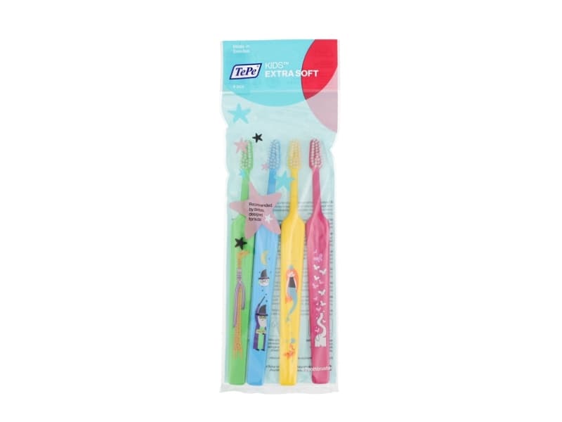 TePe Kids Extra Soft Toothbrushes (Dark Pink, Yellow, Green, Azure) 3 pcs