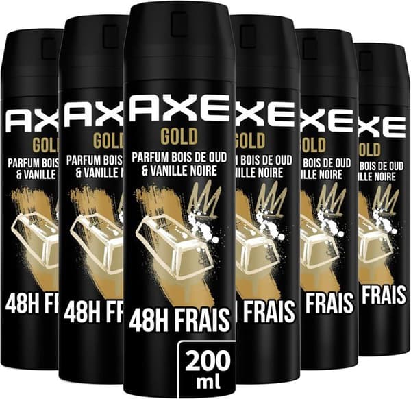 AXE Deodorant Man Spray Gold, 48h nonstop fräsch, Doft av Oudträ och Svart Vanilj (Förpackning med 6x200ml)