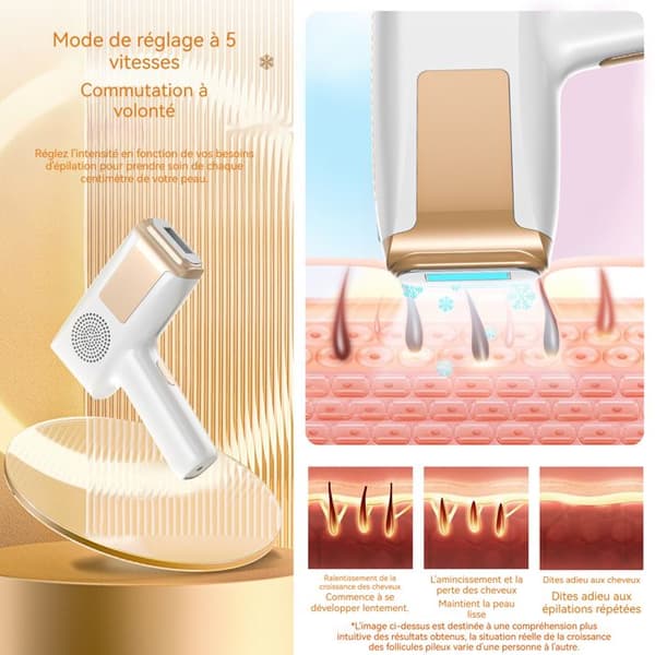 Epilator - INN - Justering med 5 hastigheter - 2 lägen - Ljusterapi - 240V