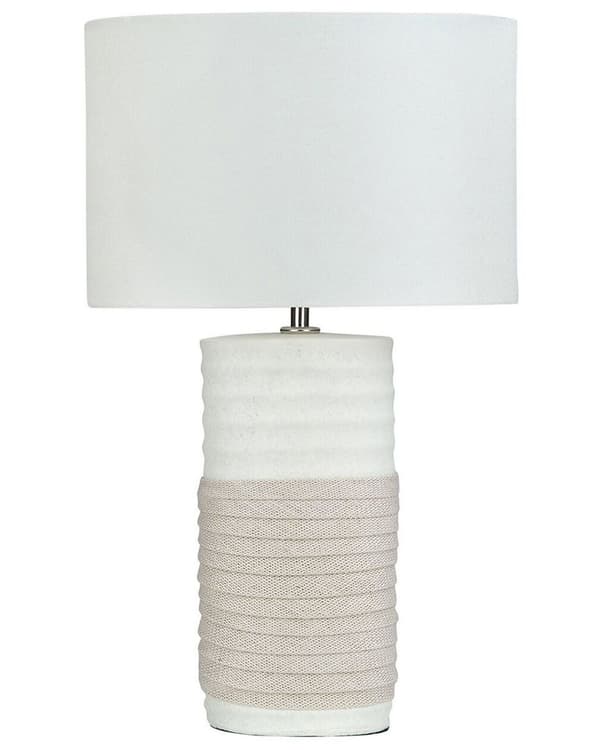 Pöytävalaisin valkoinen / beige 30 x 50 x 30 cm posliinijalka pellava varjostin max 60W