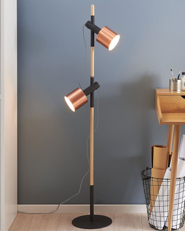 Lattiavalaisin musta tammi metalli ⌀ 28 x 125 cm säädettävä varjostin 2 polttimoa moderni