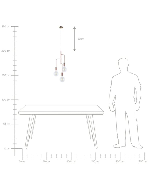 Riippuvalaisin kupari metalli 20 x 20 x 120 cm 3 polttimoa hajavalo industriaalinen tyyli