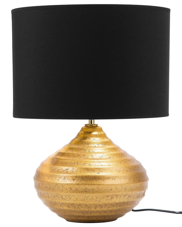Bordlampe Guld Keramik 42H cm Sort Skærm Ribbet Fod Moderne Stil