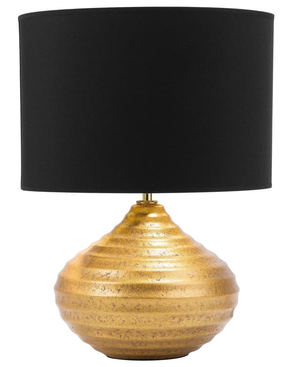 Bordlampe Guld Keramik 42H cm Sort Skærm Ribbet Fod Moderne Stil