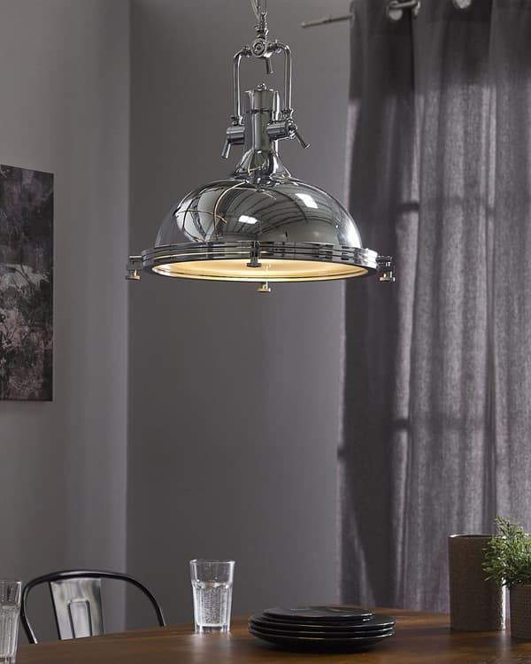 Pendel Lampe Sølv og Glas Metal ø 38 x 94 cm Dekorativ Hængelampe Industriel Armatur stil Spisebordslampe til Køkkenet Stue Design Tilbehør