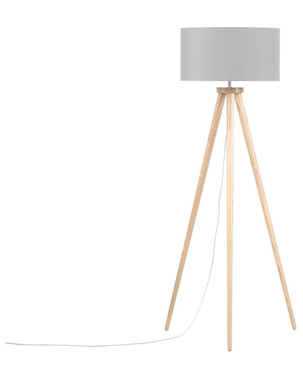 Gulvlampe Grå Polybomuld og Lyst Egetræ ø 45 x 140 cm Høj Trefod Standerlampe med Cylinderformet Lampeskærm Moderne Tripod Lampe Retro Design
