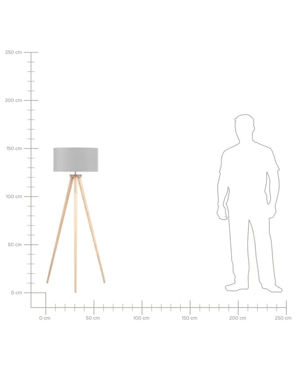 Gulvlampe Grå Polybomuld og Lyst Egetræ ø 45 x 140 cm Høj Trefod Standerlampe med Cylinderformet Lampeskærm Moderne Tripod Lampe Retro Design