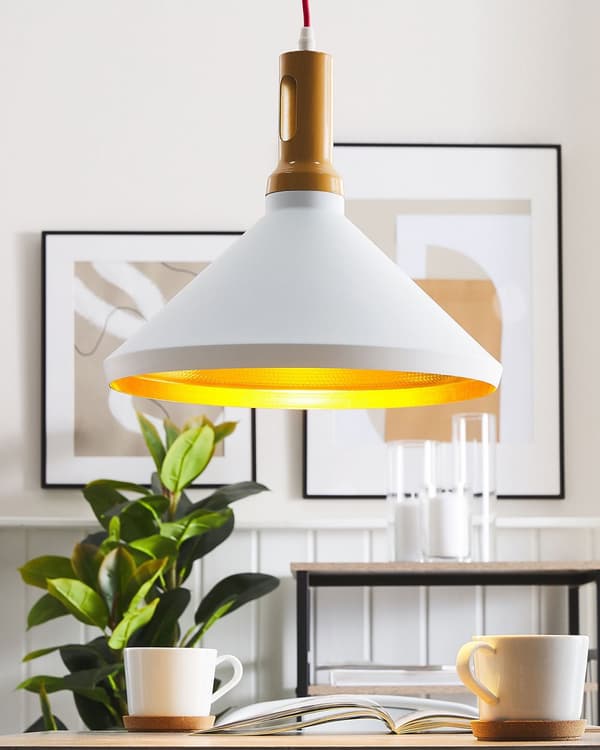 Pendel Lampe Hvid Guld Metal ø 33 x 158 cm Dekorativ Hængelampe Industriel Lampeskærm Moderne Spisebordslampe Design Køkken Skandinavisk