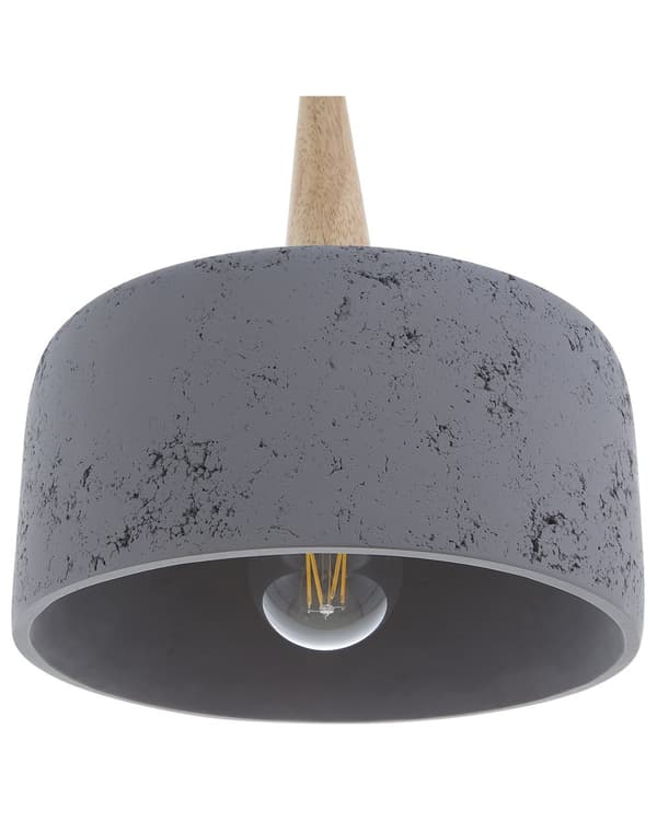 Pendel Lampe Grå Gips og Lyst Træ 114 x 24 cm Lille Rund Distressed Knitre Industriel Beton Effekt Skærm Moderne Køkken Stue Design Tilbehør