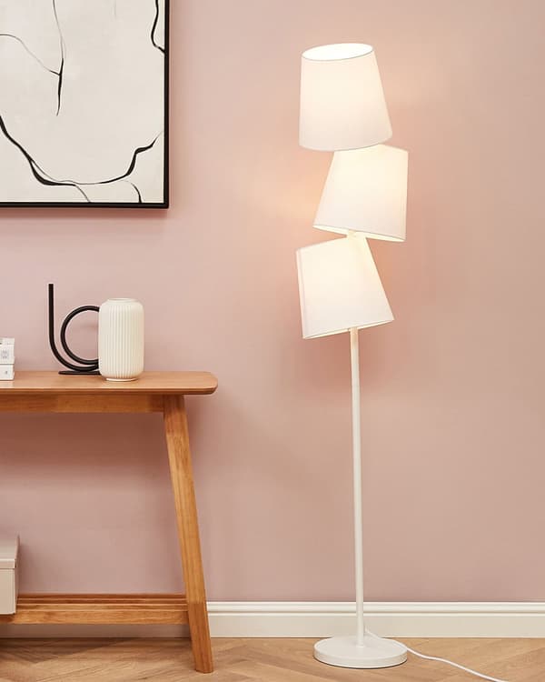 Gulvlampe Hvid Metal Stof Polyester 164 cm Moderne Standerlampe med 3 Cylinderformede Lampeskærme Design Belysning Retro Lampe til Gulv