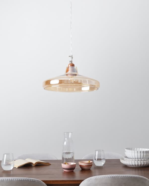 Pendel Lampe Guld Tonet Transparent Glas og Lyst Træ 129 x 38 cm Vintage Rund Skærm til Stuen Køkkenet Cafe Design Flot Lille Industriel Dekor