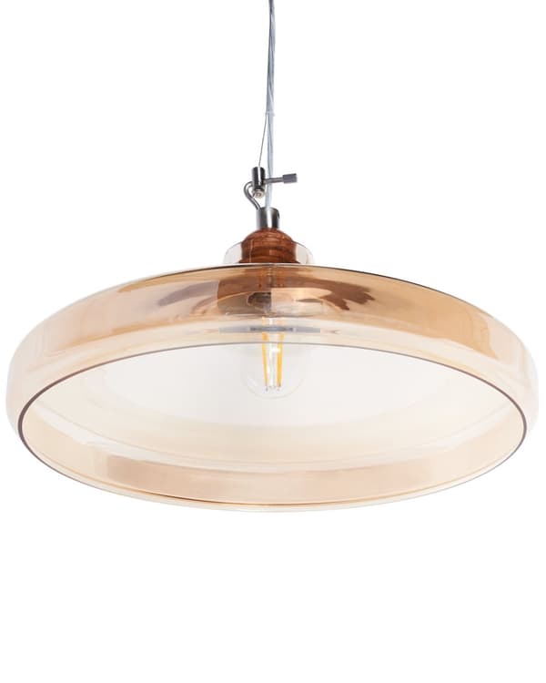Pendel Lampe Guld Tonet Transparent Glas og Lyst Træ 129 x 38 cm Vintage Rund Skærm til Stuen Køkkenet Cafe Design Flot Lille Industriel Dekor