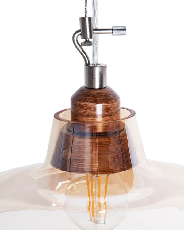 Pendel Lampe Guld Tonet Transparent Glas og Lyst Træ 129 x 38 cm Vintage Rund Skærm til Stuen Køkkenet Cafe Design Flot Lille Industriel Dekor