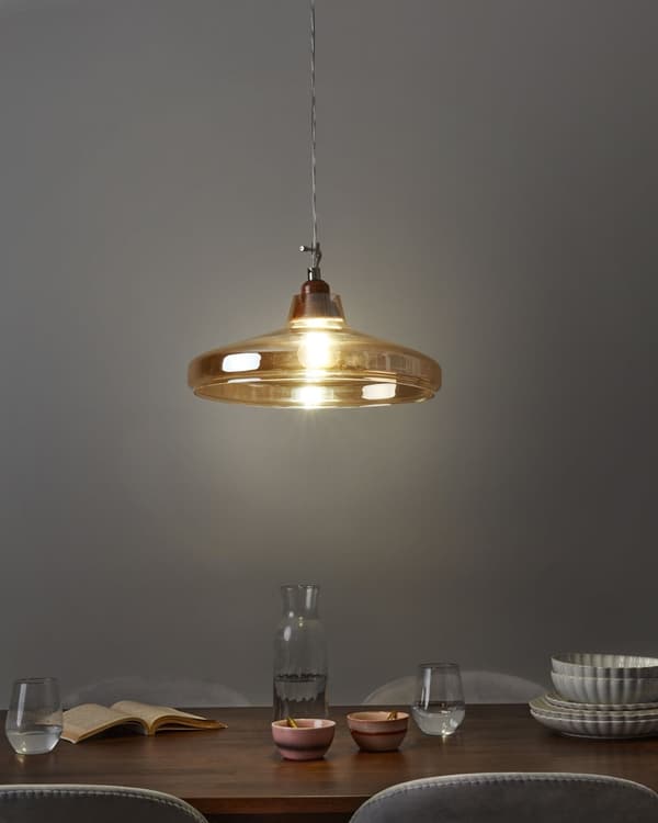 Pendel Lampe Guld Tonet Transparent Glas og Lyst Træ 129 x 38 cm Vintage Rund Skærm til Stuen Køkkenet Cafe Design Flot Lille Industriel Dekor