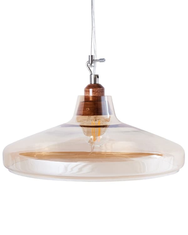 Pendel Lampe Guld Tonet Transparent Glas og Lyst Træ 129 x 38 cm Vintage Rund Skærm til Stuen Køkkenet Cafe Design Flot Lille Industriel Dekor
