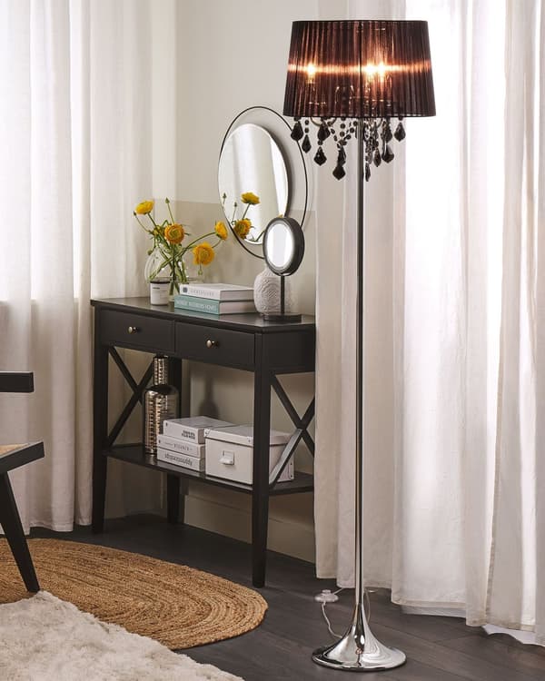 Gulvlampe Sort Polyamid og Metal ø 35 x 165 cm Dekorativ 3 Lyspærer Standerlampe Plisseret Skærm Glamourøst Krystaller Design Stue Soveværelse
