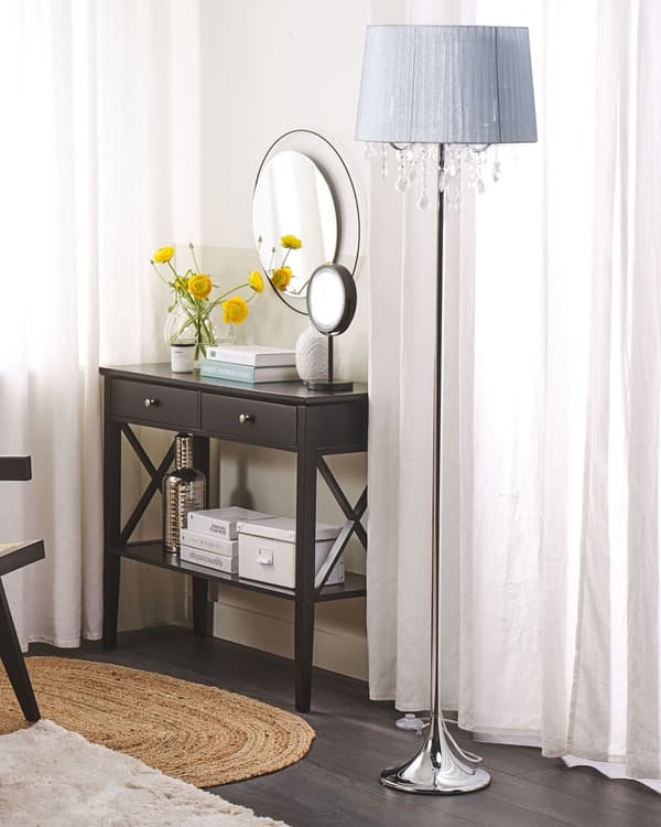 Gulvlampe Grå Polyamid og Metal ø 35 x 165 cm Dekorativ 3 Lyspærer Standerlampe Plisseret Skærm Glamourøst Krystaller Design Stue Soveværelse