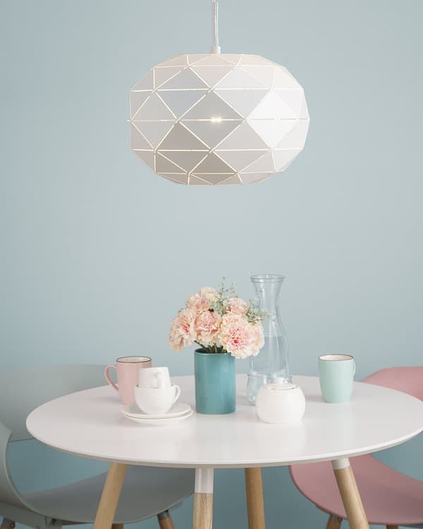 Pendel Lampe Hvid Metal ø 30 x 120 cm Rund Hængelampe Globus Lampeskærm Trapez Mønster Belysning Spisebordslampe Design Moderne Skandinavisk