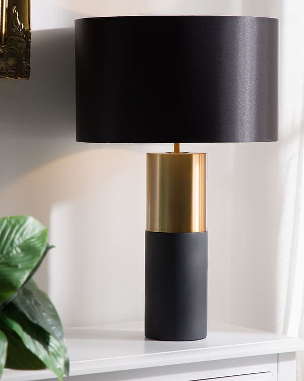Bordlampe Sort Guld Metal Polybomuld 61 x 40 cm Dekorativ Klassisk Moderne Sengelampe med Cylindrisk Base og Tromme Formet Skærm