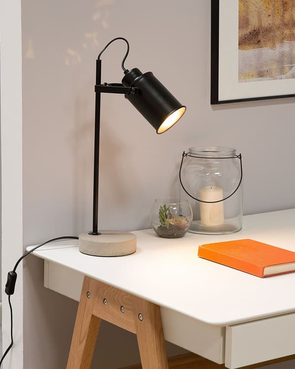 Bordlampe Sort Metal Grå Beton Sokkel 37 x 13 cm Lille Skrivebordslampe Cylindrisk Spotlys Justerbar Lampeskærm Belysning Kontor Design