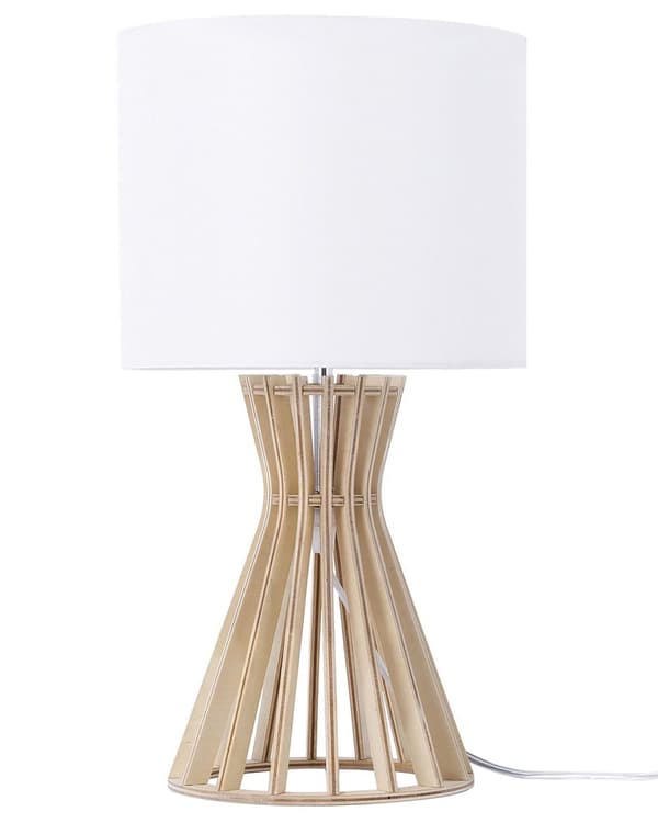 Bordlampe hvid krydsfiner og polybomuld 37x27x27 cm trommeformet skærm med beroligende lys af høj kvalitet stue design