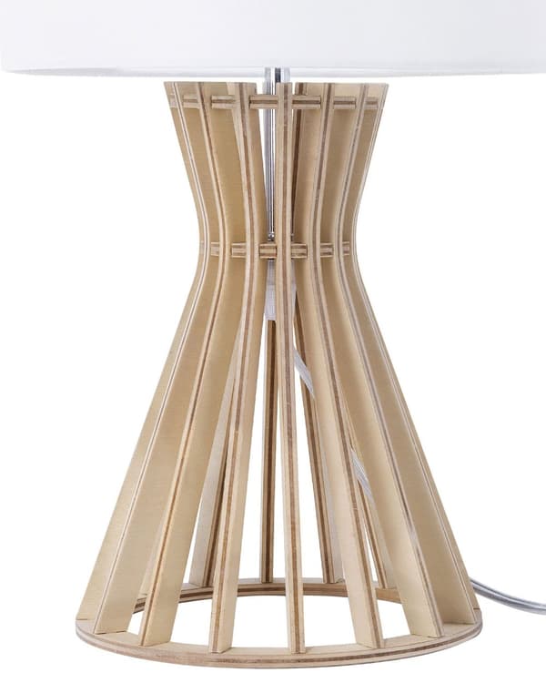Bordlampe hvid krydsfiner og polybomuld 37x27x27 cm trommeformet skærm med beroligende lys af høj kvalitet stue design