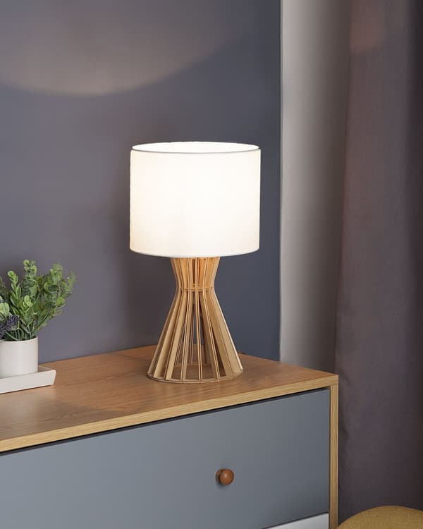 Bordlampe hvid krydsfiner og polybomuld 37x27x27 cm trommeformet skærm med beroligende lys af høj kvalitet stue design