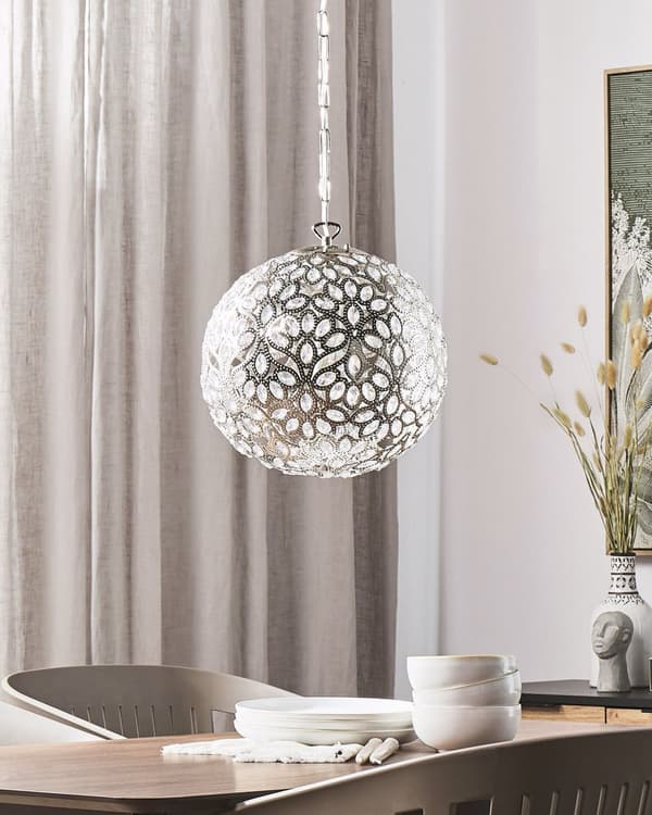 Loftslampe Sølv Metal 90 cm Pendel Blomsterskærm Krystaller Orientalsk Design