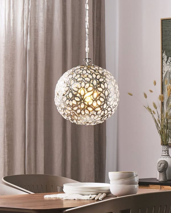 Loftslampe Sølv Metal 90 cm Pendel Blomsterskærm Krystaller Orientalsk Design