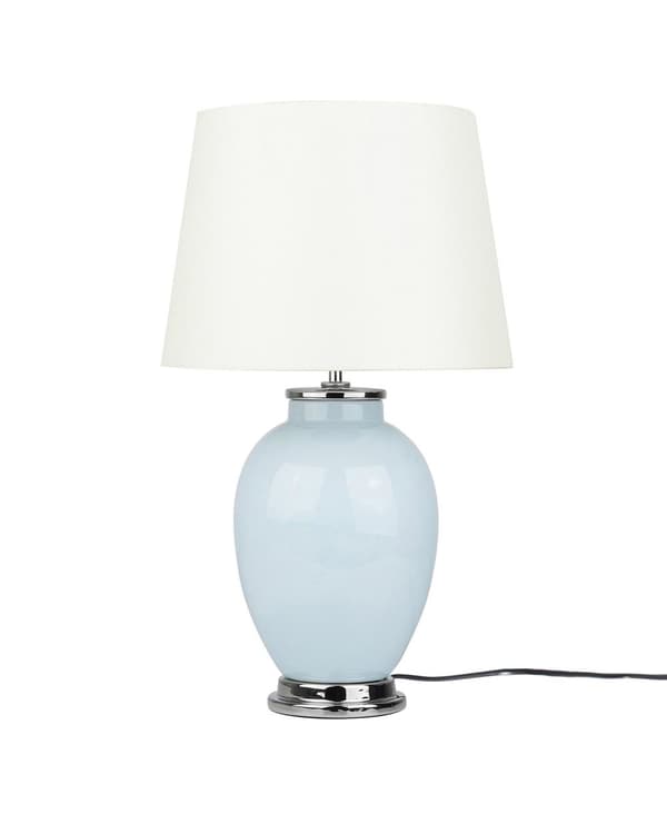Bordlampe Blå Keramik Hvid Polybomuld 56 x 26 cm Lille Dekorativ Rund Skærm Oval Krop Retro Soveværelse Stue Indretning Tilbehør