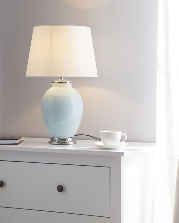 Bordlampe Blå Keramik Hvid Polybomuld 56 x 26 cm Lille Dekorativ Rund Skærm Oval Krop Retro Soveværelse Stue Indretning Tilbehør