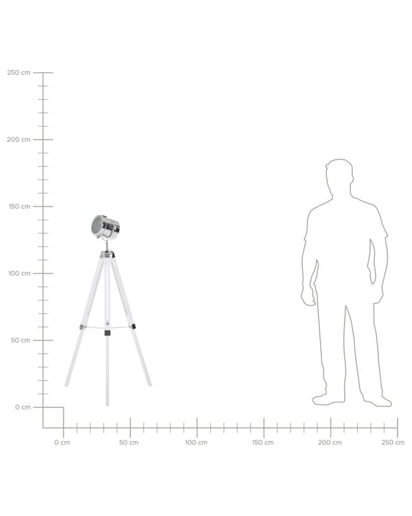 Gulvlampe hvid og sølv metal fyrretræ stel 143 x 70 x 70 cylinder formet tripod spotlight skærm blank design dekor