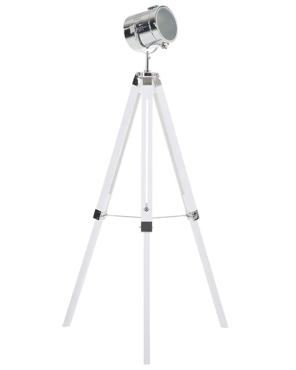 Gulvlampe hvid og sølv metal fyrretræ stel 143 x 70 x 70 cylinder formet tripod spotlight skærm blank design dekor