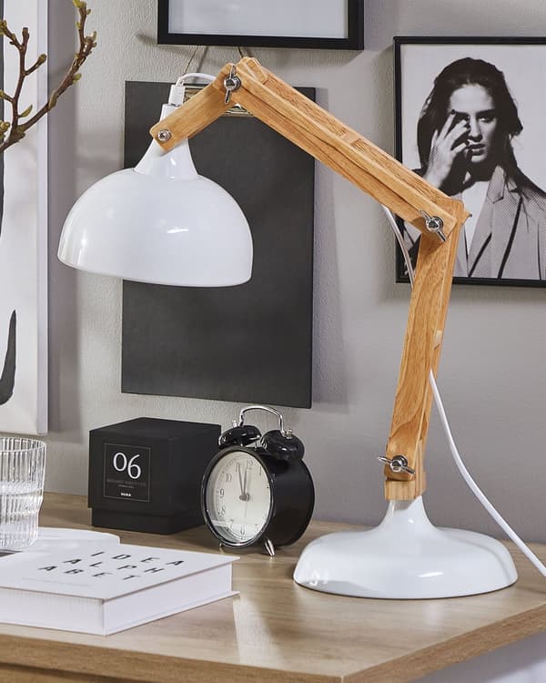 Skrivebordslampe Lyst Træ Hvid Metal Moderne Justerbar Bordlampe med Svingarm Halvrund Skærm Kontorlampe LED til Vindueskarm Skandinavisk