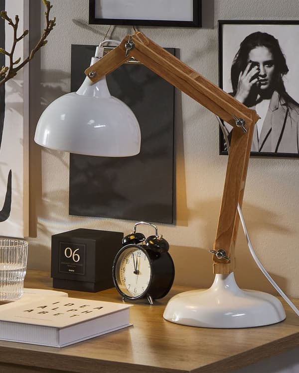 Skrivebordslampe Lyst Træ Hvid Metal Moderne Justerbar Bordlampe med Svingarm Halvrund Skærm Kontorlampe LED til Vindueskarm Skandinavisk
