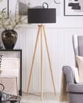 Miniatyrbillede 4 af 11: Gulvlampe Sort Polybomuld og Lyst Egetræ ø 45 x 140 cm Høj Trefod Standerlampe med Cylinderformet Lampeskærm Moderne Tripod Lampe Retro Design