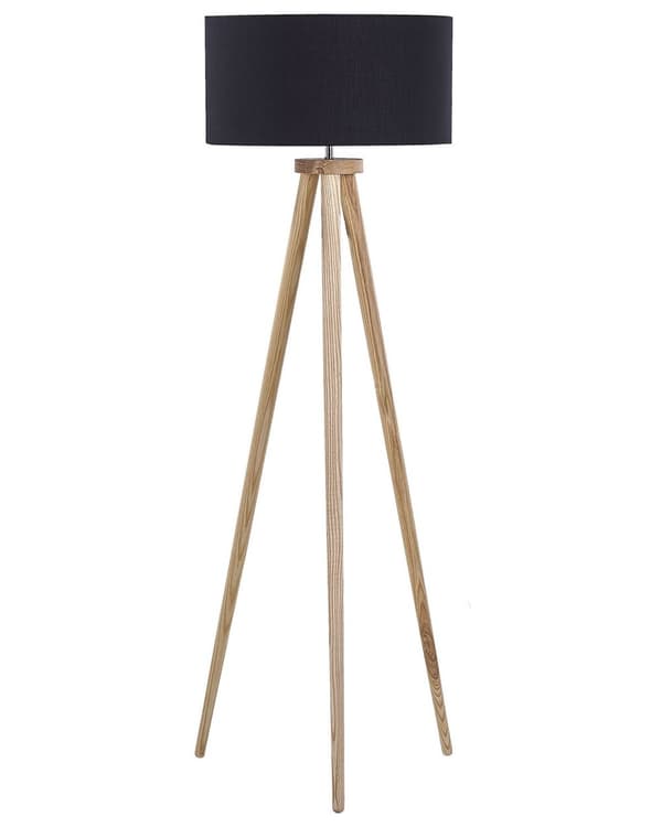 Gulvlampe Sort Polybomuld og Lyst Egetræ ø 45 x 140 cm Høj Trefod Standerlampe med Cylinderformet Lampeskærm Moderne Tripod Lampe Retro Design