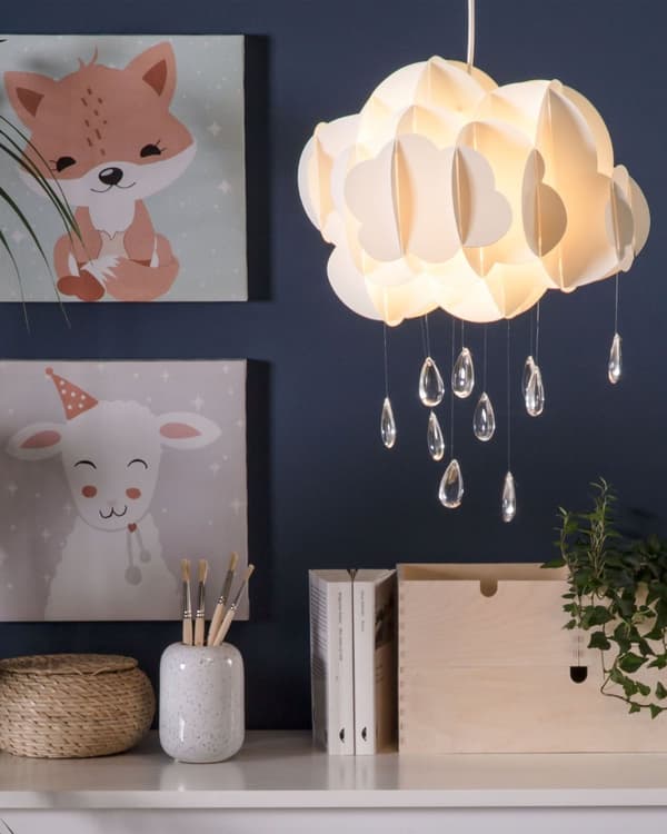 Pendel Hvid Syntetisk Materiale Akrylglas 182 x 35 cm Rund Sky Formet med Krystal Regndråber Børneværelse Indretning Hyggelig Dekor Tilbehør