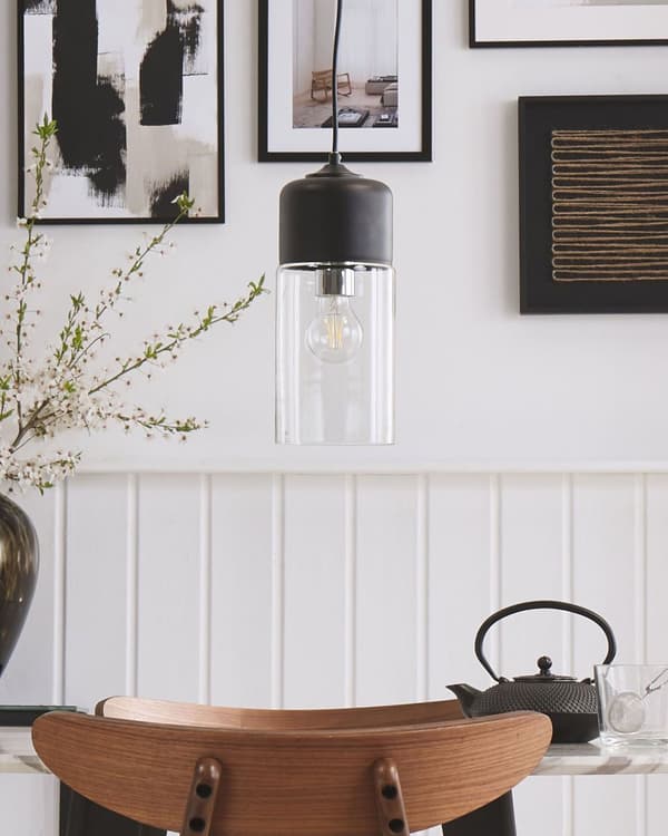 Pendel Lampe Sort Stål og Glas ø 13 x 127 cm Hængelampe Cylinderformet Lampeskærm Transparent Design Spisebordslampe til Køkken over Spisebord