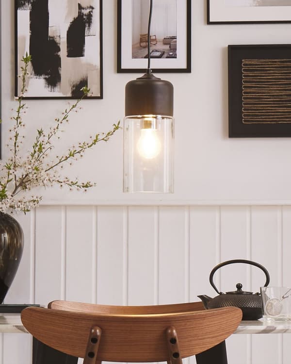 Pendel Lampe Sort Stål og Glas ø 13 x 127 cm Hængelampe Cylinderformet Lampeskærm Transparent Design Spisebordslampe til Køkken over Spisebord