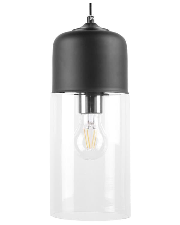 Pendel Lampe Sort Stål og Glas ø 13 x 127 cm Hængelampe Cylinderformet Lampeskærm Transparent Design Spisebordslampe til Køkken over Spisebord