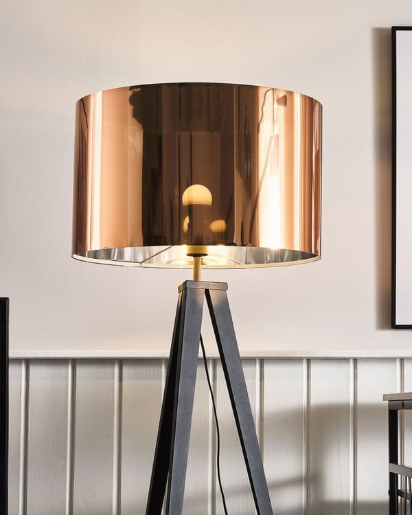 Gulvlampe sort pulverlakeret Metal med kobber top 156H cm tripod Stativsokkel åben tromme skærm med beroligende lys og nem vedligeholdelse