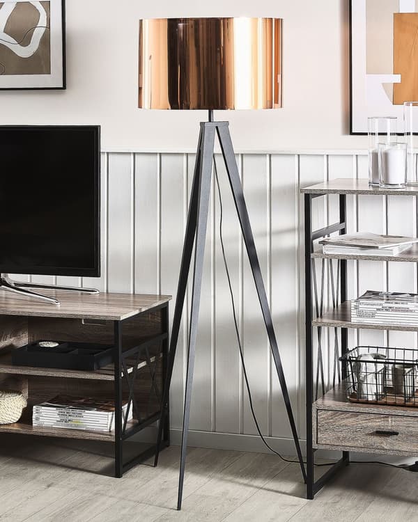 Gulvlampe sort pulverlakeret Metal med kobber top 156H cm tripod Stativsokkel åben tromme skærm med beroligende lys og nem vedligeholdelse
