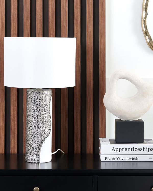 Bordlampe Hvid Sølv Porcelæn Kunstsilke 52 x 30 x 30 cm Tromme Formet Skærm Cylinder Dekor Stue Sengebord Indretning Beroligende Diffust Lys