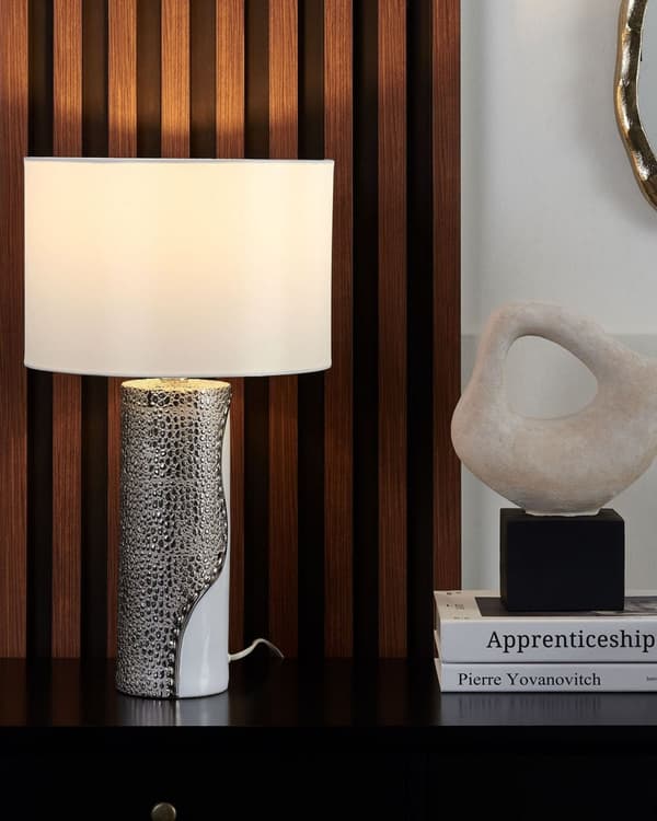 Bordlampe Hvid Sølv Porcelæn Kunstsilke 52 x 30 x 30 cm Tromme Formet Skærm Cylinder Dekor Stue Sengebord Indretning Beroligende Diffust Lys